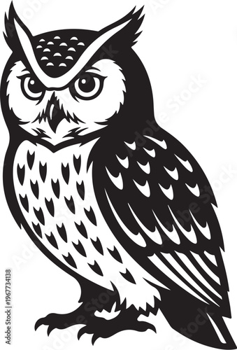 Illustration of a wise and alert owl in black