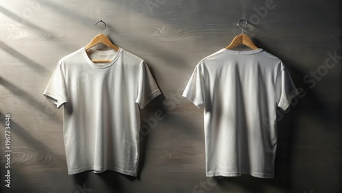 A photo of a plain white tshirt, front and back, with subtle texture visible on both sides The shirt hangs straight from a hanger in a dimly lit roo