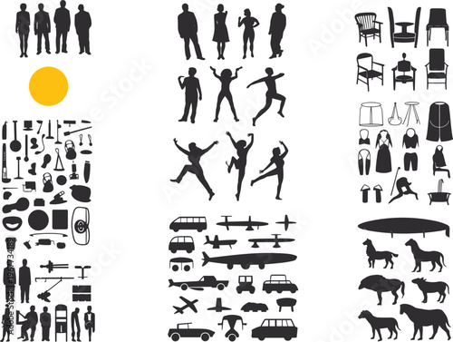 Large collection of black silhouette icons featuring people, dancing figures, furniture, musical instruments, vehicles, animals, lifestyle elements isolated on white background