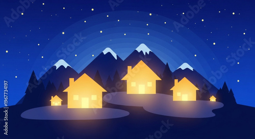 Cozy village homes glow warmly under starry night sky with snow capped mountains