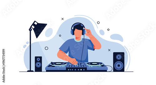 Male DJ Playing Music at Club Party Mixing Tracks with Headphone on Turntable Disc Jokey Vector Illustration
