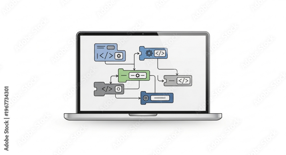 Fototapeta premium Laptop displaying a complex flowchart on its screen with various colored boxes and lines on a white background for business and technology concepts