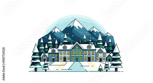 Snowy mountain resort with large lodge and trees serene winter landscape
