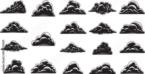Collection of various black cloud shapes and designs isolated