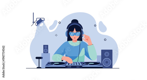 DJ Club Party Mixing Tracks with Headphone on Turntable Disc Jokey Vector Illustration