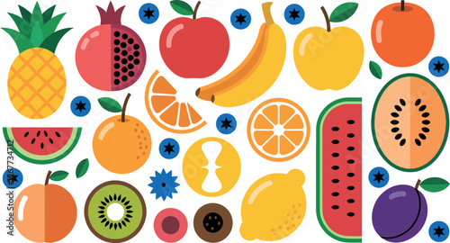 Fruit assortment in colorful flat design showing tropical and temperate varieties representing healthy eating and nutrition concept illustration