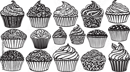 Black and white illustration of decorated cupcakes collection