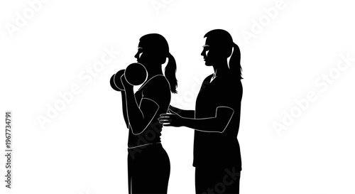 Woman lifting dumbbells with a personal trainer assisting
