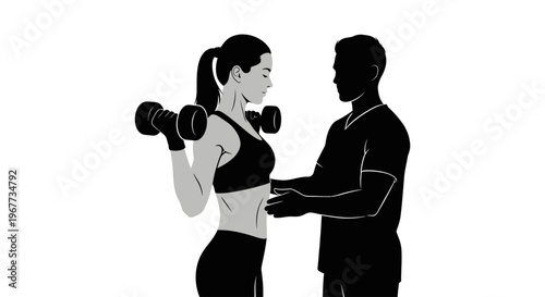 Personal trainer assisting woman with bicep curl exercise