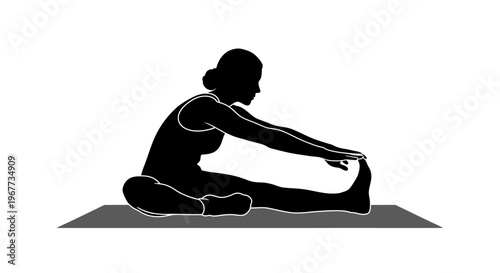 Woman in silhouette performing yoga seated forward bend pose on mat