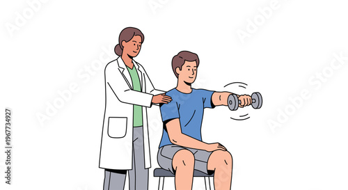 Female therapist assisting man doing seated dumbbell raise
