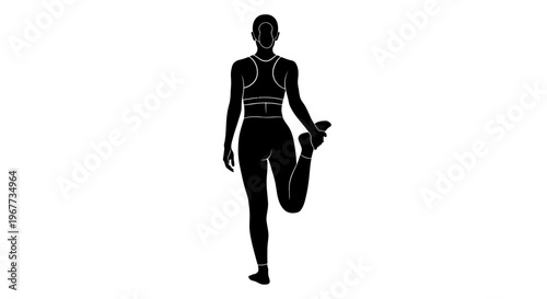 Woman performing a standing quadriceps stretch in silhouette