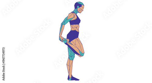 Woman performing standing leg stretch in a modern polygonal style