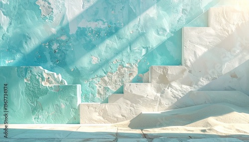 Sunlit exterior; peeling turquoise wall and ascending white stone stairs dusted with sand