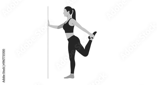 Woman stretching quadriceps with wall support in grayscale illustration