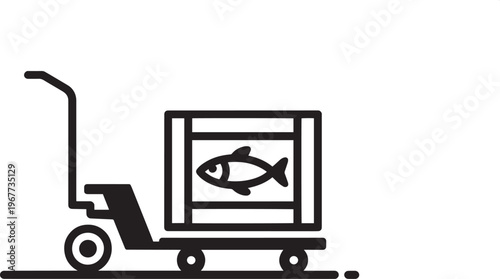 Forklift Carrying Fish Crate Line Icon Vector, Seafood Transportation, Cold Chain Logistics, Warehouse Shipping, Cargo Delivery, Supply Chain Distribution Minimal Outline Illustration