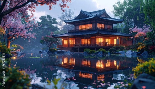 Tranquil scene with a traditional building, water, and blooming trees at dusk