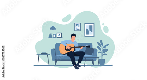 Playing Acoustic Guitar Sitting in Cozy Room Home Music Practice Vector Illustration