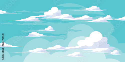 Illustration of a blue sky with white clouds in a flat style. Blue sky background and white clouds. Cartoon sky,summer background..	