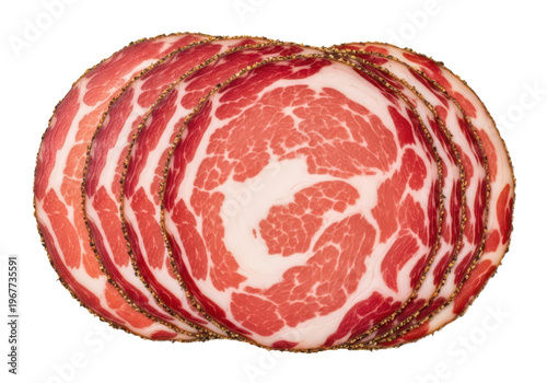 Thin slices of cured meat capicola isolated on transparent background