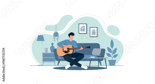 Strumming Acoustic Guitar Sitting in Living Room Home Music Practice Vector Illustration
