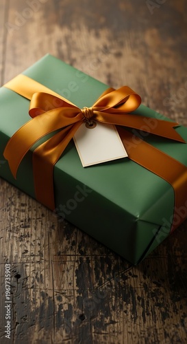 Gift Wrapped in Green Paper with Gold Ribbon on Wooden Table.