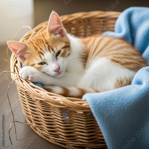 Ginger and White Cat Napping Comfortably in a Wicker Basket.