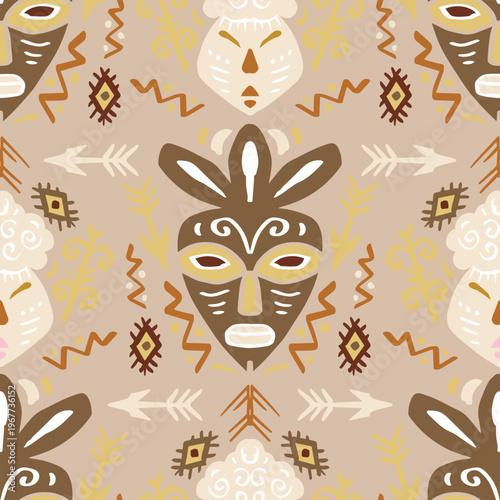 Seamless pattern with tribal mask in ethnic style. Vector illustration.