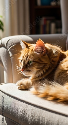 Ginger cat basking in sunlight on a sofa.