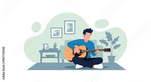 Men Playing Acoustic Guitar Sitting in Living Room Home Music Practice Vector Illustration