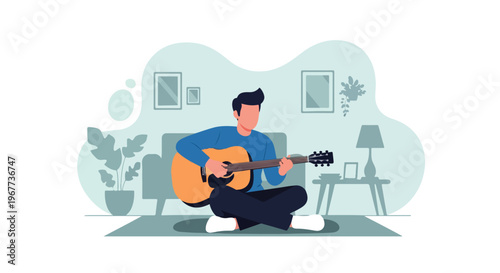 Boy Play Acoustic Guitar Sitting in Living Room Home Music Practice Vector Illustration
