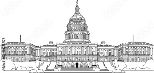 Highly detailed black and white line art vector illustration of the United States Capitol Building in Washington DC.
