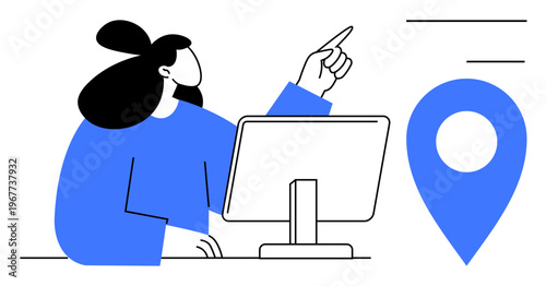 Navigation, technology, mapping, digital tools, location services, online research. Woman pointing at something while working at a computer, with a location pin. Navigation and technology solutions