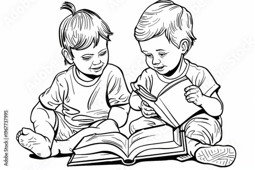 Two Children Reading Books Coloring Page with Detailed Black and White Cartoon Line Art
