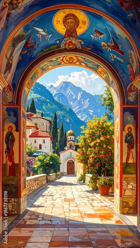 Ornate arch framing a distant chapel, mountains, and vibrant foliage
