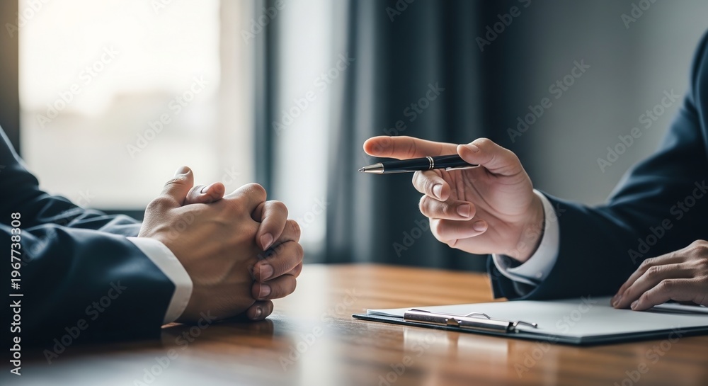 Fototapeta premium Professional business people discussing important documents and terms during a meeting in an office setting, focusing on collaboration and decision-making