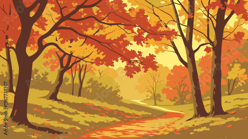 Autumn forest with orange leaves, warm sunlight, and pathway. Seasonal fall landscape illustration perfect for nature posters, outdoor backgrounds, and Thanksgiving designs.