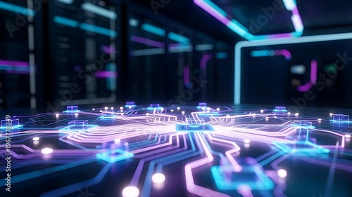 Futuristic Robotic Hand Interacting with Advanced Neon Circuit Board Interface in Dark Data Center