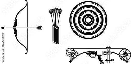 Archery bow silhouette, compound bow vector, traditional bow icon, quiver with arrows, archery target design, sport equipment, precision, competition