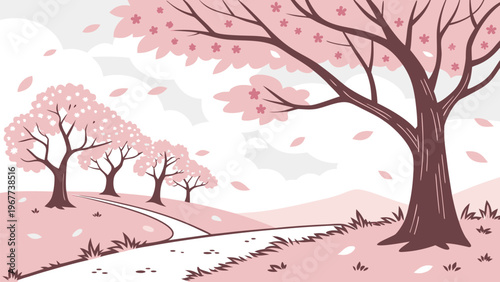 Beautiful spring landscape with pink cherry blossom trees and falling petals. Soft pastel nature illustration perfect for romantic backgrounds, invitations, and seasonal design.