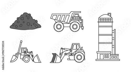 Construction vehicles and industrial equipment.