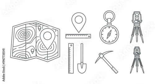 Outdoor Adventure Navigation Tools Icons.