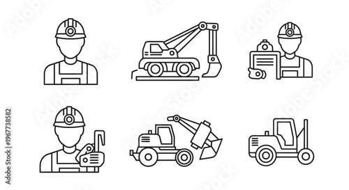 Construction workers and heavy machinery icons.