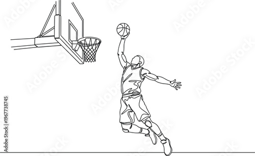 Professional basketball player jumping high for a powerful slam dunk into the hoop minimalist line art vector illustration.