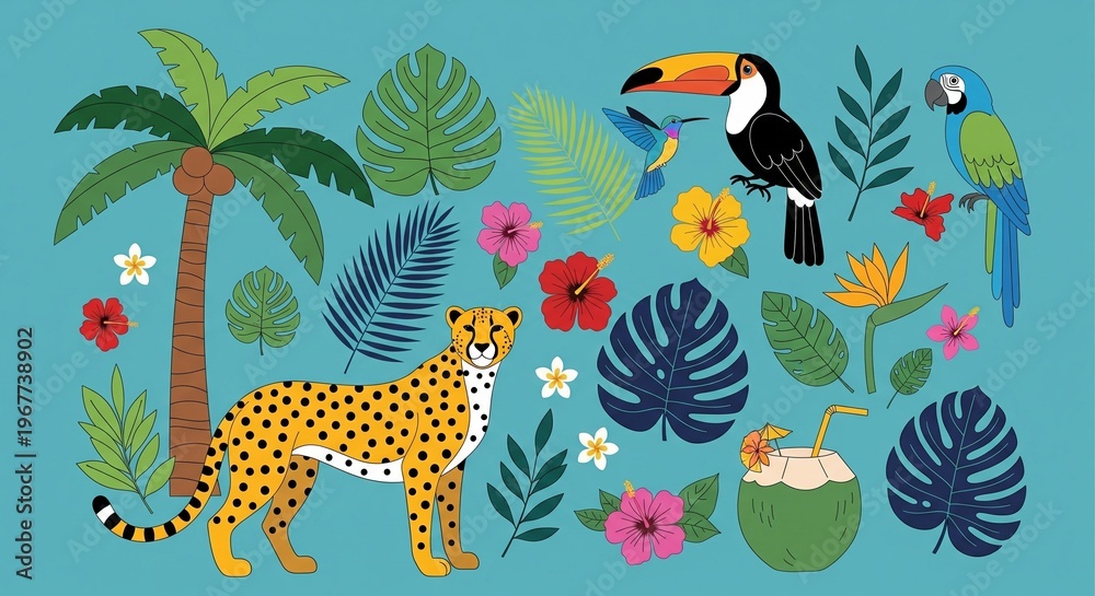 Obraz premium Tropical Jungle Animals and Plants Vector Illustration, Exotic Wildlife and Flora Flat Design, Vibrant Nature Graphic for Travel and Safari Themes