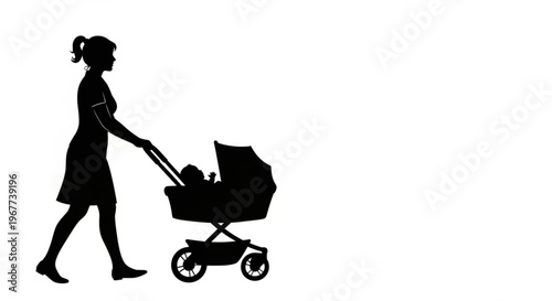 Mother Pushing Baby Stroller Silhouette
