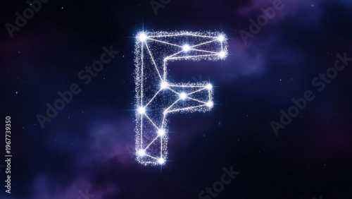 A glowing white letter F made of connected lines and dots on a starry night sky background