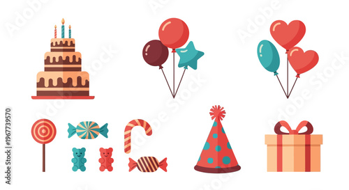 Colorful birthday party celebration objects.