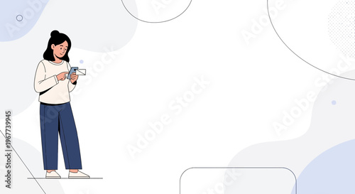 Woman using smartphone, online shopping, digital payment, modern lifestyle, minimalist background