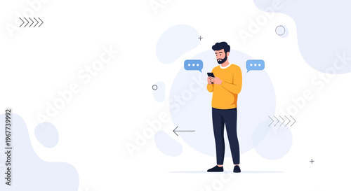 Man texting on smartphone with chat bubbles, modern abstract background